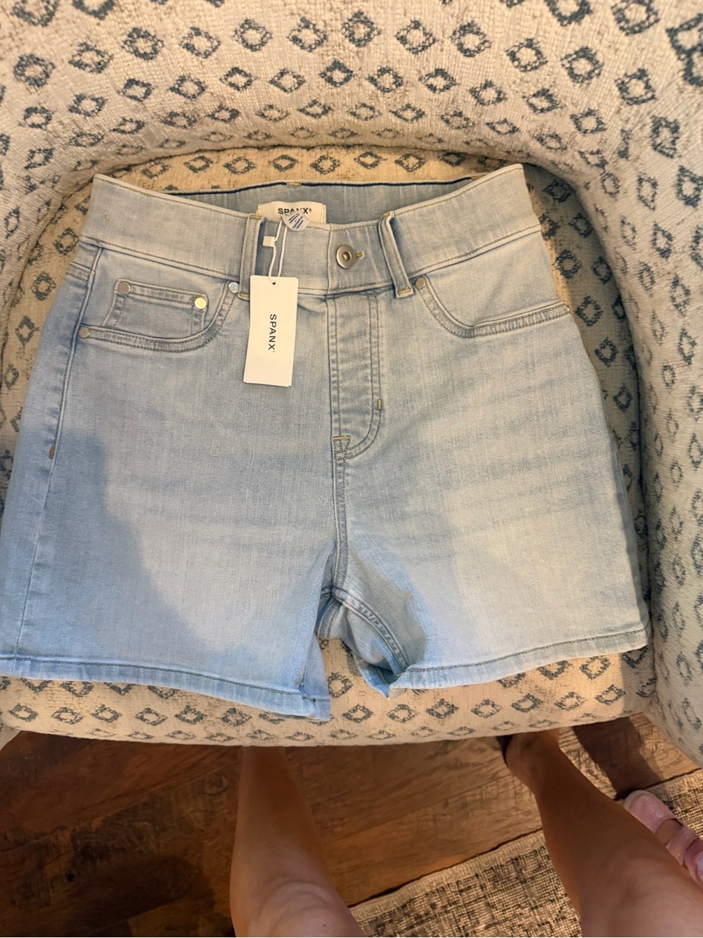 SPANX Light Blue Denim High Waisted Pull On Shorts